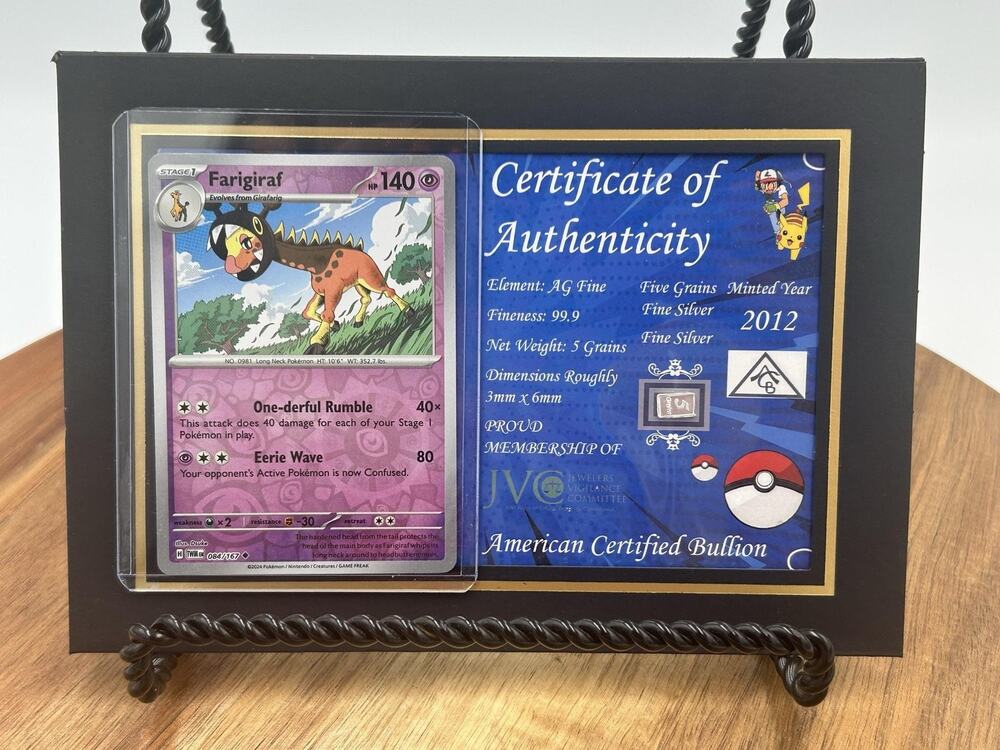 Pokemon Farigiraf Twilight Masquerade Psychic Card 5 grain .999 Silver Bar COA